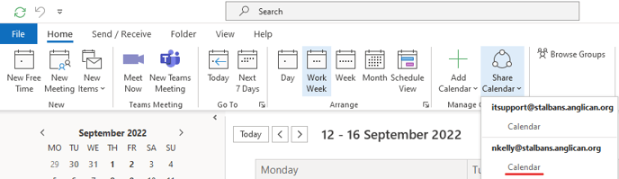 Search 
Help 
Home 
New Free New 
Send / Receive Folder 
View 
New 
Time Meeting Items v 
Meet New Teams 
Now Meeting 
Teams Meeting 
Today Next 
7 Days 
Today 
Day 
Monday 
Work Week 
Week 
Arrange 
Month Schedule 
Calendar v 
Manage 
September 70" 
12 - 16 September 2022 
MO 
29 
TU WE 
30 31 
SA 
2 
Browse Groups 
Share 
Calendar v 
itsupport@stalbans.anglican.org 
Calendar 
nkelly@stalbans.anglican.org 
Calendar 